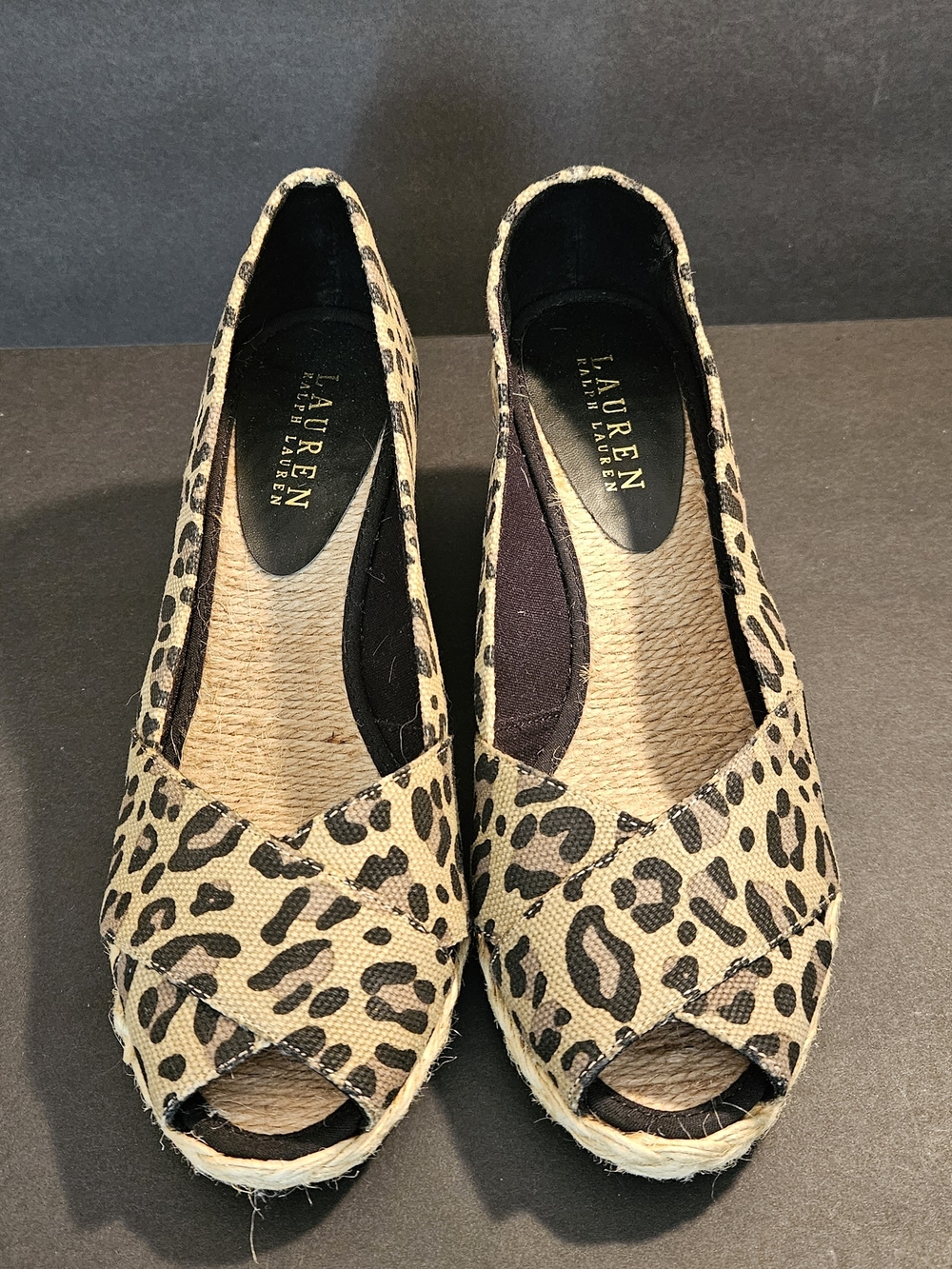 Lauren Ralph Lauren Leopard Print Peep-Toe Espadrille Wedges - Beige/Black